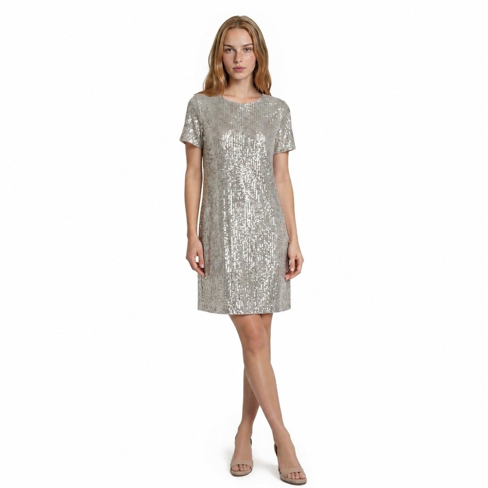 CeCe Shift Cocktail Dress Women's Size XL Champagne Sequin Short Sleeve Party